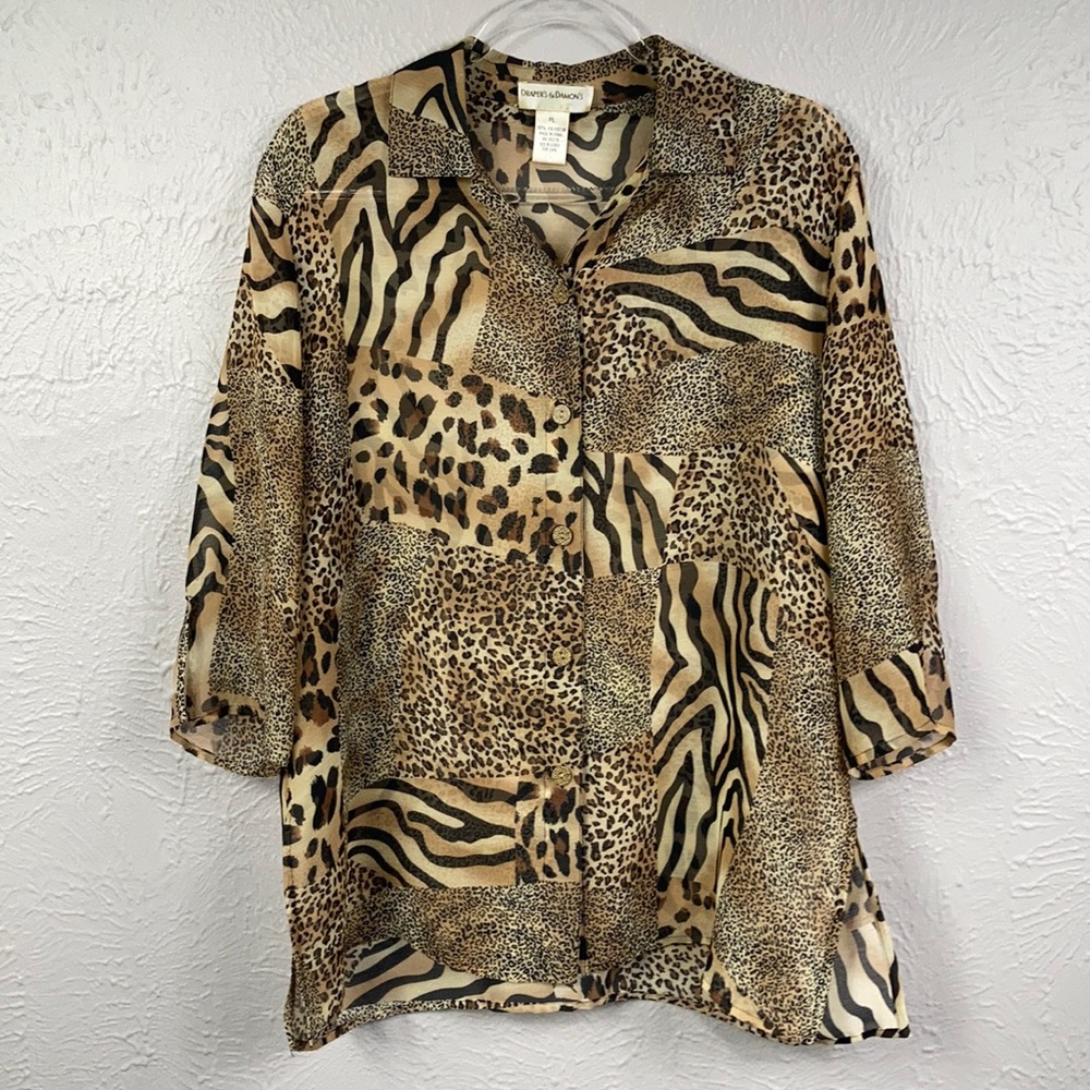 Vintage Leopard Print Sheer Button Up Shirt Sz PL